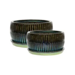 Emerald Round Reactive Glaze Bonsai Planter Set Of 2