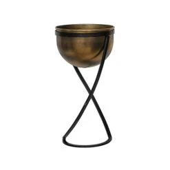 Indoor Kensington Tall Brass Metal Round Planter On Stand H42Cm W20Cm