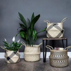 Seagrass Tribal Black Lined Basket Medium H30Cm D35Cm -FruitHaven Shop STBB35 1
