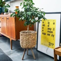 Water Hyacinth Lined Basket On Legs H45Cm D30Cm -FruitHaven Shop WHBL30 2